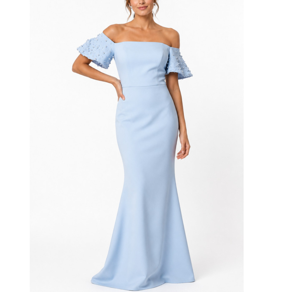 NWT Eliza J Blue Pearl Puff Sleeve Off Shoulder Scuba Gown Formal Dress Size 6